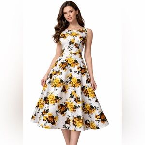 Berylove Floral Retro Style Dress Size M Cotton Spandex Sleeveless Knee Length